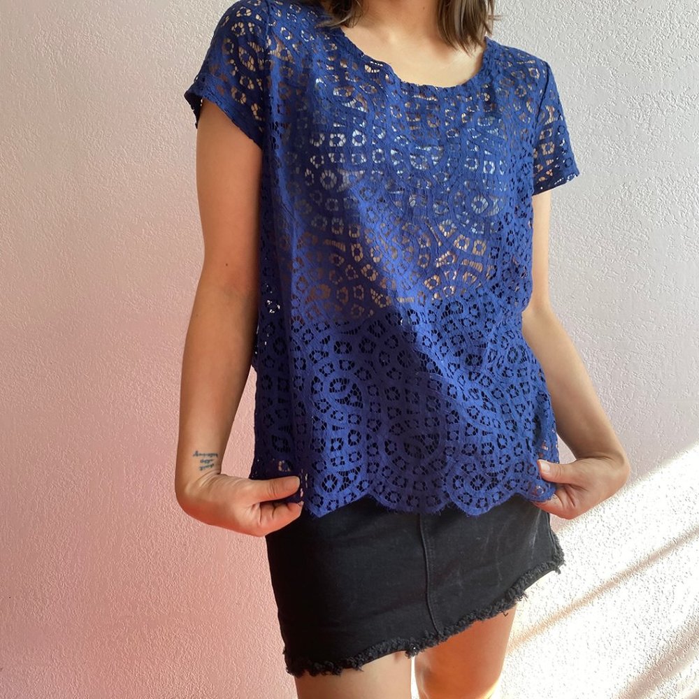 navy blue crochet mesh top